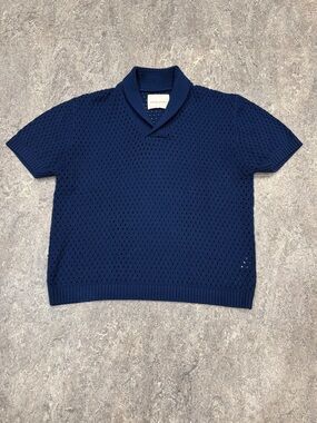 King & Tuckfield Merino Roll Neck Polo Knit Short Sleeve Shawl Collar Sweater